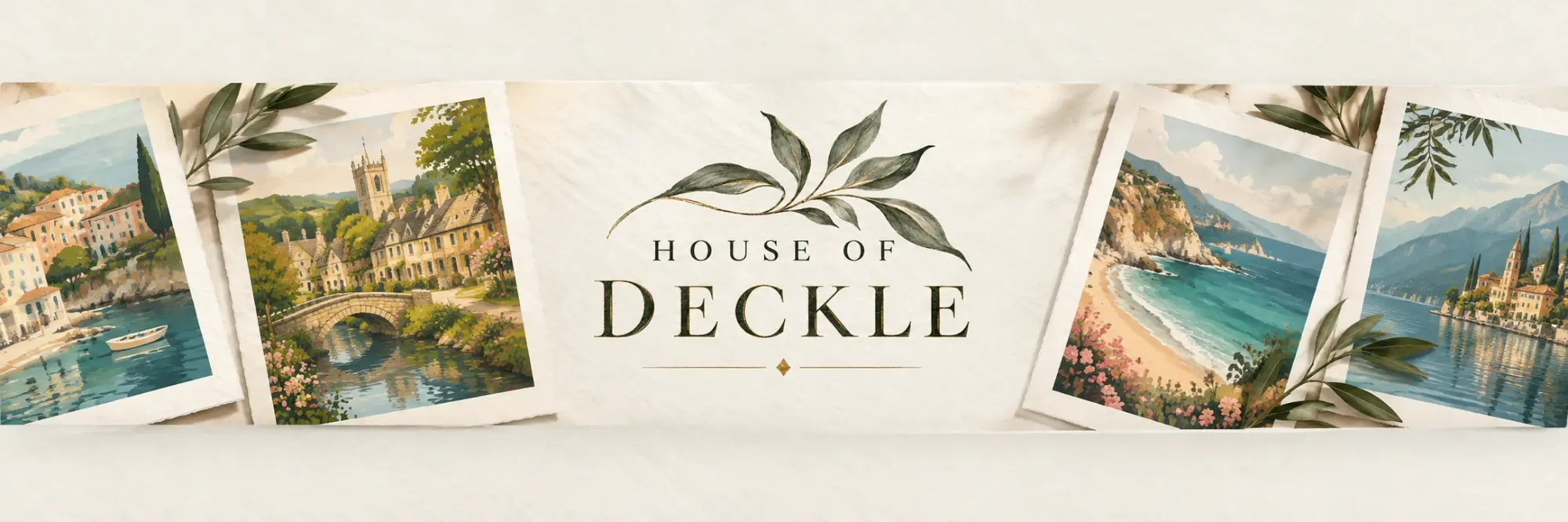 Watercolour prints of an Italian harbour, a Cotswold village, a coastal cove and Lake Como, laid out around the House of Deckle logo